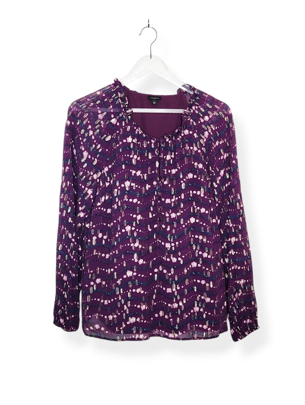 Talbots Purple Gold Metallic Patterned Long Sleeve Womens Blouse Top Shirt Large